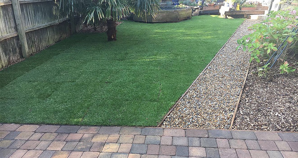 A wide, freshly striped lawn in front of a bungalow with mature hedges