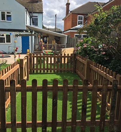 A picket fence around an artificial lawn in a back garden