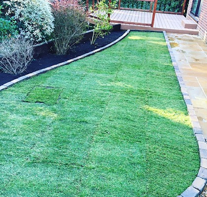 A fresh curved lawn of new turf edged in block paving, with planted borders