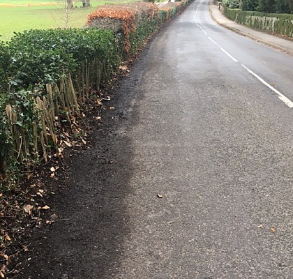A long stretch of lane with the verge cut back along the hedge